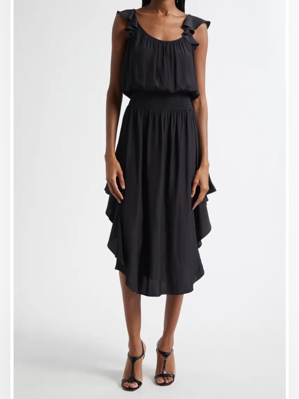 Ramy Brook Clementine Smock Waist Matte Satin Dress in Black